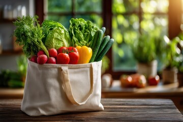A tote bag filled with fresh vegetables on a wooden table in a cozy kitchen setting, bathed in sunlight, creating a healthy and vibrant food concept image.