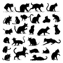 Cute black cats on transparent background set pet