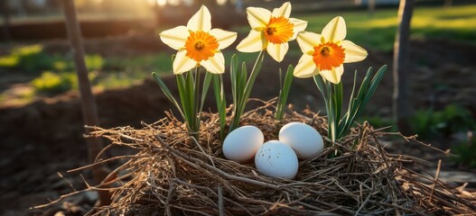 Obraz premium Spring flowers and eggs in a nest