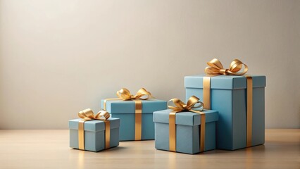 A Delightful Arrangement of Pastel Blue Gift Boxes with Golden Ribbons on a Wooden Surface