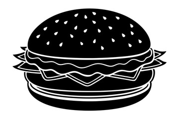 Fototapeta premium Black hamburger silhouette with lettuce and tomato on white background, hamburger, burger, silhouette, vector, food, fast food, lettuce, tomato, bun, sandwich, meal, black, white, design, illustration