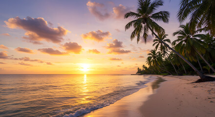 Golden Hour Sunset Over Tropical Beach With Palm Trees