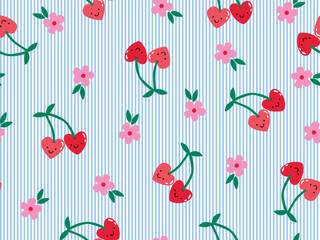 RED HEART CHERRY SEAMLESS PATTERN WITH PINK PERIWINKLE FLOWERS ON BLUE STRIPE BACK GROUND IDEAL FOR KIDS WEAR, SLEEPWEAR, PAJAMA, WALLPAPER, WRAPPING PAPPER IN VECTOR FILE