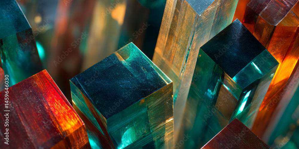 Poster abstract image of teal, amber, and red glass cubes, creating a dynamic, three-dimensional structure,