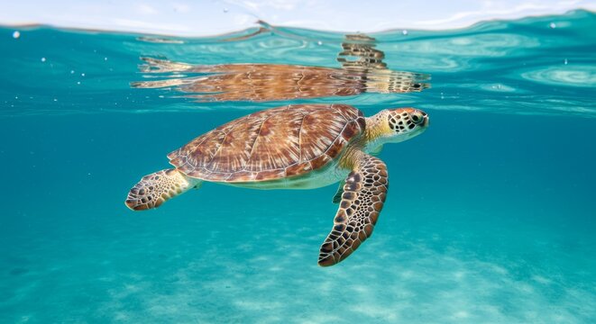 Sea turtle swimming gracefully in the crystal-clear turquoise ocean waters, a captivating underwater scene showing its shell pattern and serene movement, ideal for conservation projects