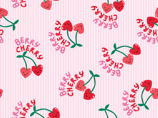 RED HEART DOODLE TWIN CHERRY SEAMLESS PATTERN WITH CHERRY BERRY TEXT ON PINK STRIPE BACK GROUND IDEAL FOR KIDS WEAR, SLEEPWEAR, PAJAMA, WALLPAPER, WRAPPING PAPPER IN VECTOR FILE