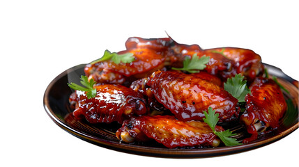 Delicious glazed chicken wings on a plate garnished with fresh parsley sprigs
