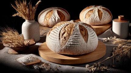 Beautifully Arranged Artisanal Sourdough Breads on Wooden Board with Natural Decor in Dark Setting
