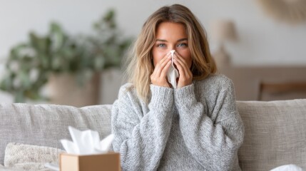 Woman feeling unwell at home with allergy symptoms while sitting on couch surrounded by tissues
