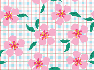 PINK HIBISCUS SEAMLESS PATTERN ON CHECKERED SEAMLESS PATTERN. IDEAL FOR KIDS WEAR, WOMENS WEAR, DRESSES, TOPS, TEXTILE, TAPESTRY, WALL PAPER, WRAPPING PAPER. ้PINK HIBISCUS SEAMLESS PATTERN ON CHECKER