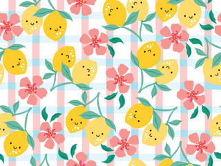 DOODLE SEAMLESS FRUIT PATTERN LEMON AND HIBISCUS SEAMLESS PATTERN ON CHECKERED BACKGROUND IDEAL FOR KIDS WEAR, BEACHWEAR, SWIMWEAR, WRAPPING PAPER WALL PAPERS VECTOR FILE.