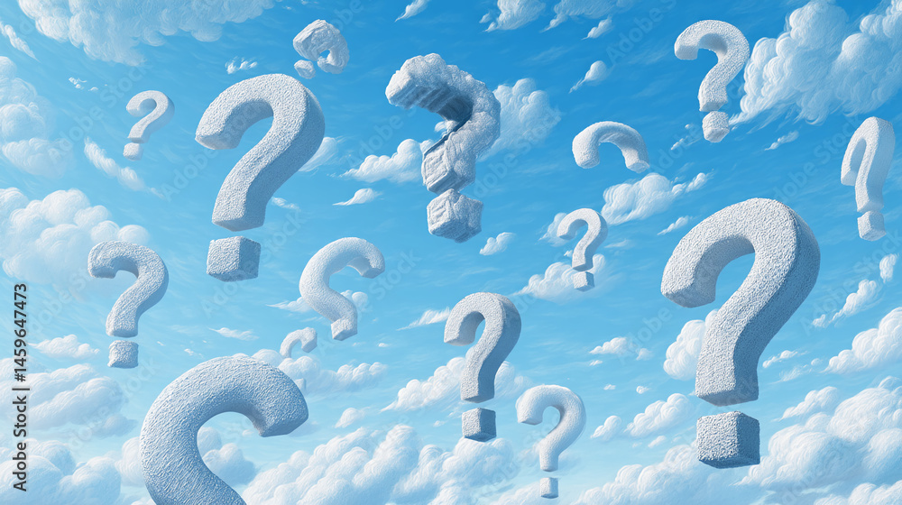 Poster white question marks float amidst blue sky and clouds, symbolizing uncertainty, inquiry, and the sea