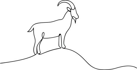 Continuous one line drawing of a mountain goat standing on a cliff edge with wind-blown trees, symbol of strength and balance on white background

