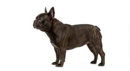 Side View of a Brindle French Bulldog Standing Alert on White Backdrop with Erect Ears and Wrinkled Face, a Charming Canine Companion with a Muscular Build for Pet Lovers