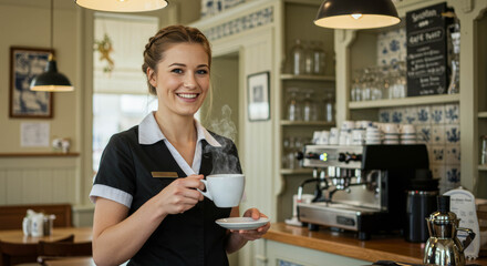 Fototapeta premium A young woman in a black and white waitress uniform holds a cup of hot coffee, smiling and looking directly at the camera. She is standing behind the counter in a cozy cafe. 