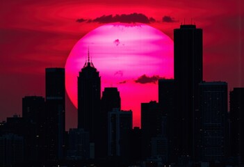 Obraz premium Vibrant sunset over a city skyline with a striking pink hue