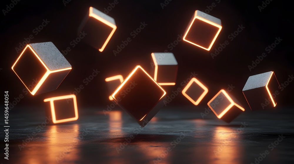 Poster abstract illuminated cubes floating in a dark space.