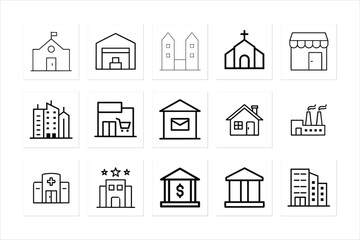 Building Icons Set  Line Art Vector Illustrations of School Church Hospital and More