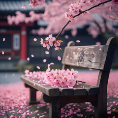 A serene spring scene featuring a weathered wooden bench beneath a blooming cherry blossom tree, with pink petals gently falling and carpeting the ground.