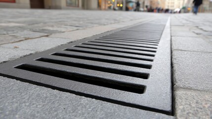 Fototapeta premium Close-up View of a Metallic Grate on a Cobblestone Street Surface with Rain Water Accumulation in an Urban Setting