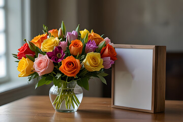 Fototapeta premium Vibrant Spring Bouquet in Glass Vase with Blank Frame