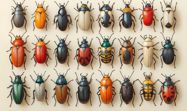 Diverse collection of meticulously arranged beetles, showcasing vibrant colors and unique patterns