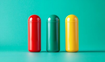 Three colored capsules yellow red green standing upright on turquoise background showing pharmaceutical variety precision dosage control and product differentiation in macro view