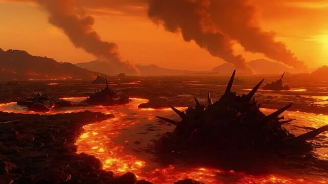 Fiery landscape with lava and smoke in the background. Smooth repeating motion for background video animation