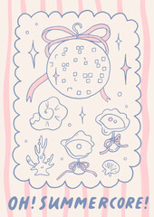 Whimsical trendy wall art poster. Mermaidcore aesthetic card. Hand drawn line art illustrations. Perfect for cards, digital wallpaper, background, summer party invitation. Fun and cute