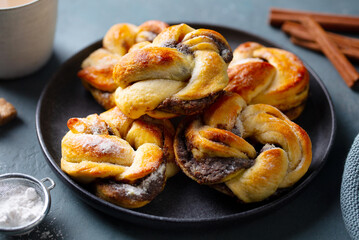 Cinnamon and cardamon buns, rolls, Kanelbullar on a black plate. Swedish traditional pastry. Grey background. Close up.
