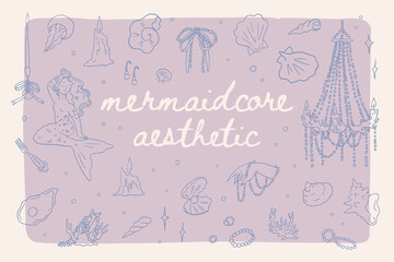 Whimsical mermaid vector elements set. Mediterranean mermaidcore illustrations. Summer coastal wedding invitation. Siren witchery sea. Ocean aesthetic bachelorette party clipart stickers collection