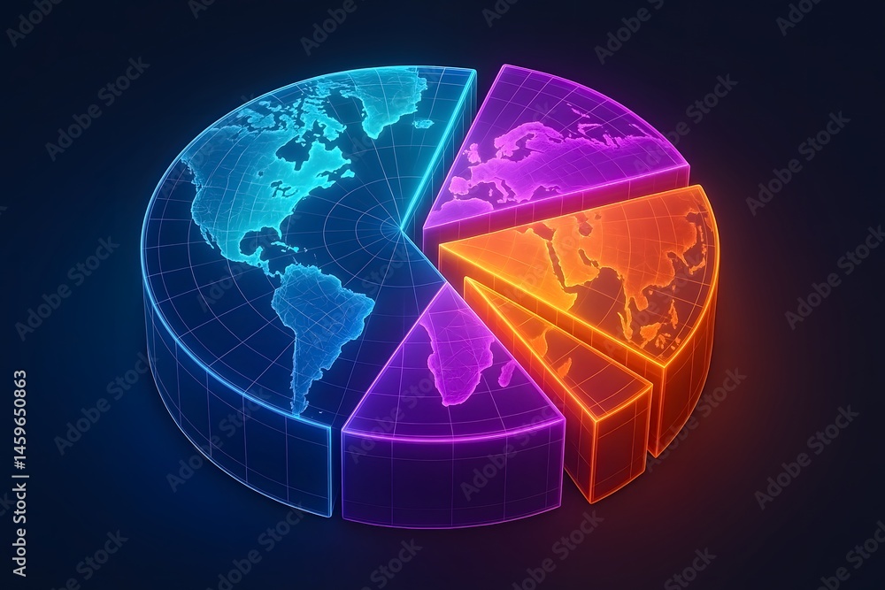 Aufkleber 3d rendered neon pie chart illustrating global data trends and regional distribution across the worl