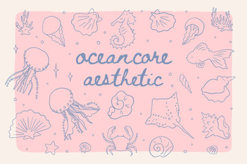 Whimsical Oceania vector elements set. Mediterranean sea illustrations. Summer coastal wedding invitation. Siren witchery sea animals. Ocean aesthetic bachelorette party clipart stickers collection © cute_vector