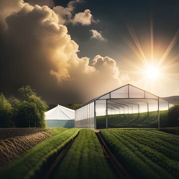A greenhouse with plants and a sunny sky with clouds.