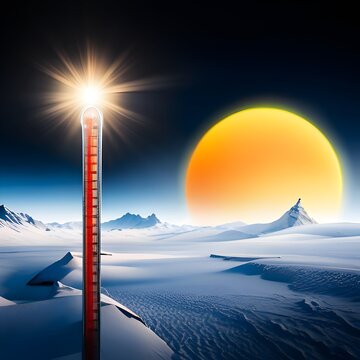 A thermometer in a cold and barren landscape with a large sun in the background.
