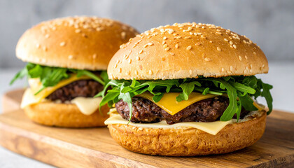 Delicious burgers with green rocket salad, cheese and sesame buns on wooden board. Tasty fast food