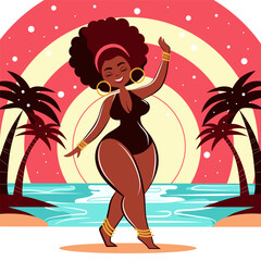 African American woman dancing on the background of the ocean and sun. sunny vector illustration poster