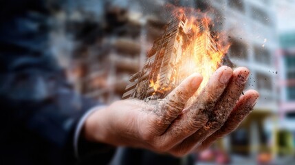 Burning debris held in a hand in urban setting.