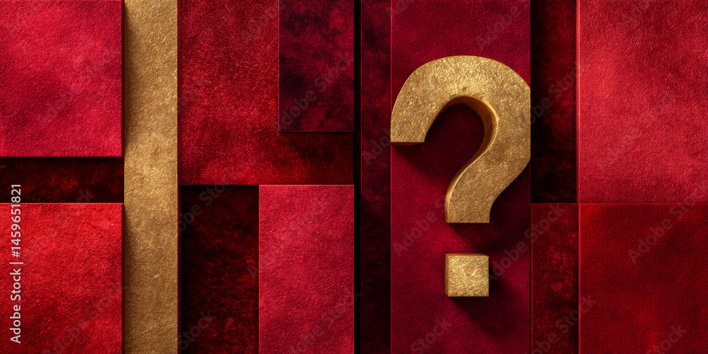 Poster Golden question mark on textured red and gold background, showcasing uncertainty or inquiry, suitable for various concepts needing a questioning element