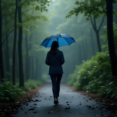 A person walks alone down a serene, misty forest path holding a blue umbrella, surrounded by lush greenery and calm atmosphere.
