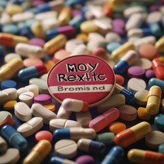 Medication Overload: A Pile of Pills and a Badge with the words 'Moy Rex! tc Bromis nd'