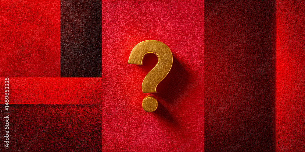 Poster golden question mark on red textured background, symbolic of inquiry, uncertainty, or a need for ans