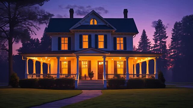 Beautiful Classic Two-Story House with a Spacious Porch, Warm Interior Lights Glowing at Twilight Surrounded by Lush Green Lawn and Trees

