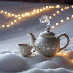 A cozy winter scene with a snowflake-patterned teapot and cup set in fresh snow, with steam rising and soft string lights glowing in the background.