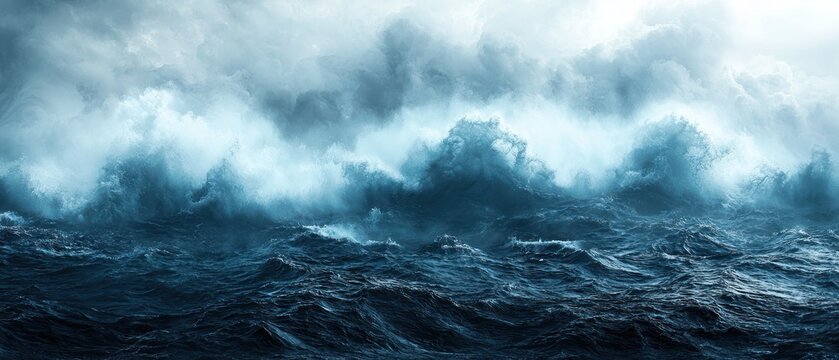 Dramatic ocean waves crash under a stormy sky, creating a powerful and intense seascape