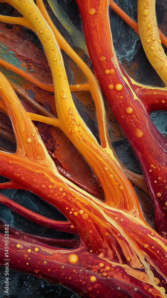 Poster Abstract image of intertwined orange and red branches with yellow droplets, creating a fiery, textured pattern, showcasing vibrant energy and natural forms
