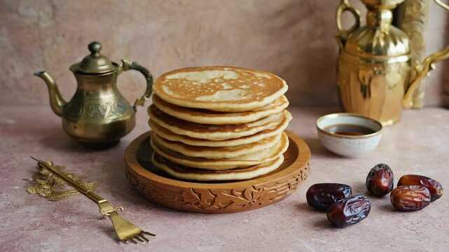 Photorealistic, Stack of Baghrir served with dates and tea, Warm, soft lighting, Earthy Moroccan colors, Traditional and wholesome feel
