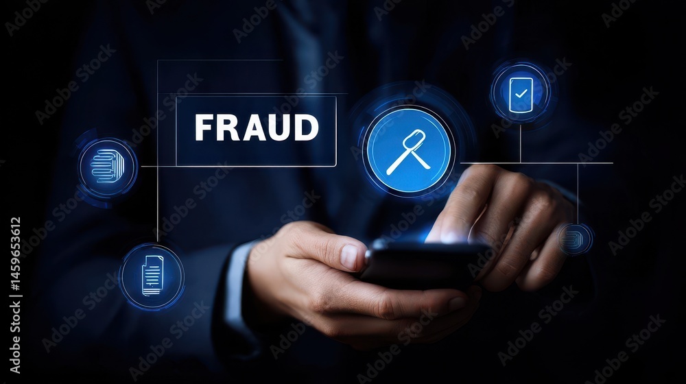 Poster businessperson interacting with a digital interface displaying fraud.