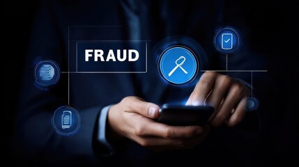 Businessperson interacting with a digital interface displaying fraud.