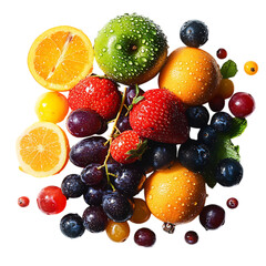 Radiant Fresh Medley of Assorted Fruit with Water Droplets Isolated on Transparent Background